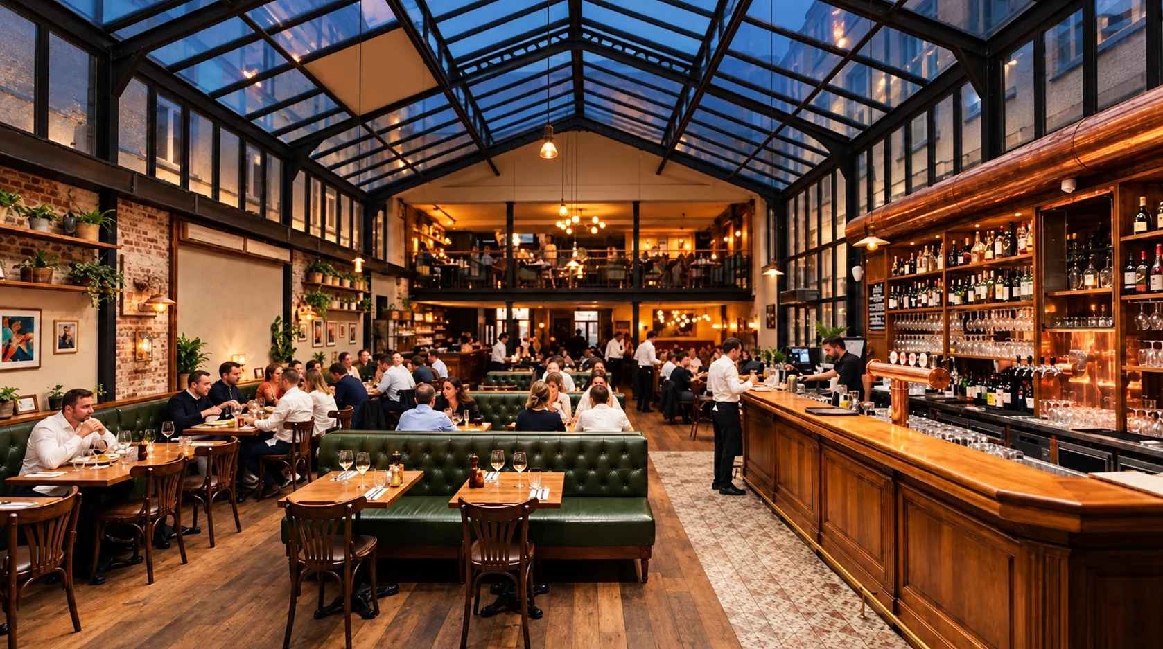 La salle de la brasserie, ses boiseries et ses banquettes vertes