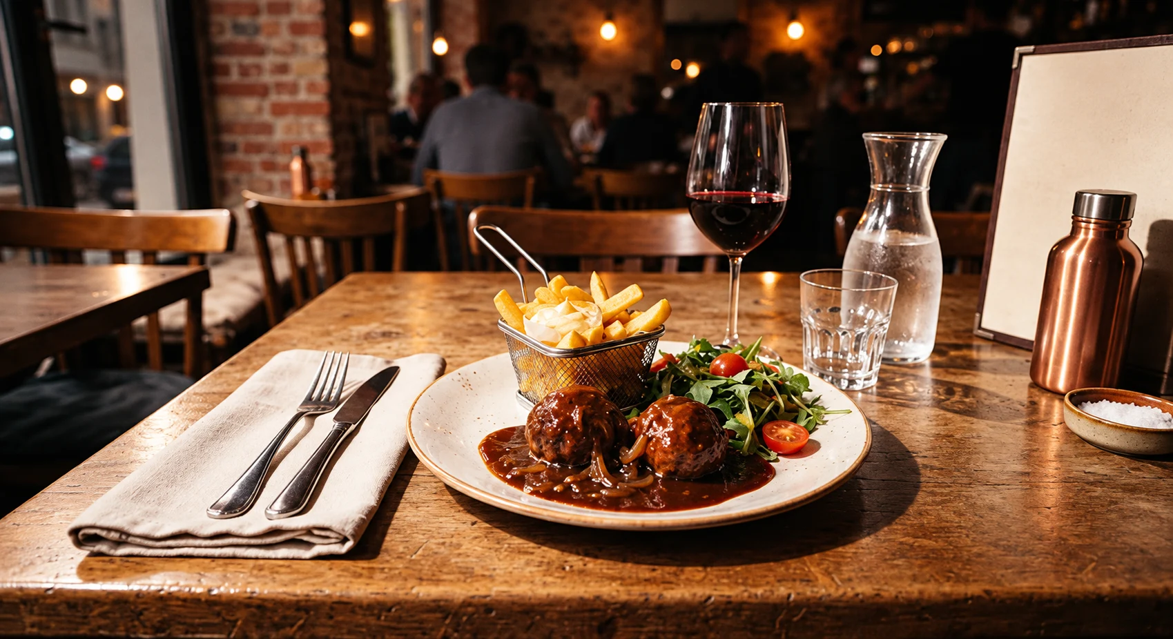 Une assiette de brasserie, des frites et un verre de vin sur une table en bois