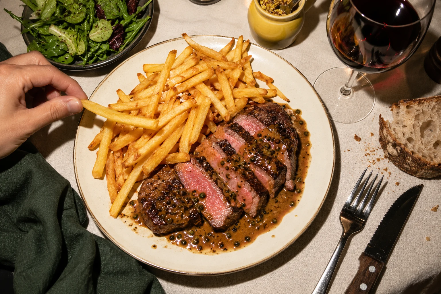 Une assiette généreuse, des frites dorées et un verre de vin, photographiés au flash